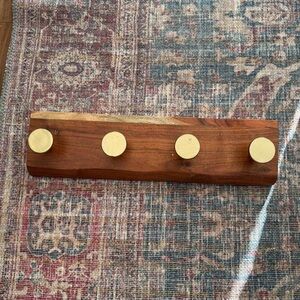 Wood Wall Hook Rack with Brass-Tone Knobs - Natural Brown